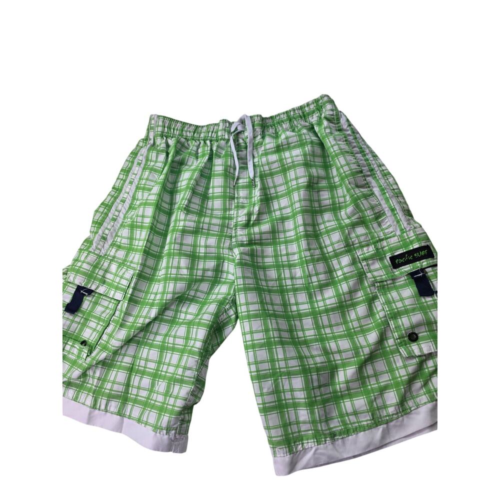 PACIFIC SURF Green Plaid Loose Lightweight Baggy Board Shorts SZ L